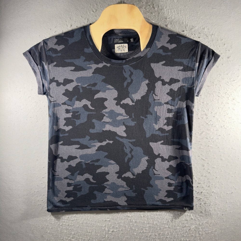 3270 | prAna Linen Blend Camo Cuffed Sleeve Tee Black Gray Women M